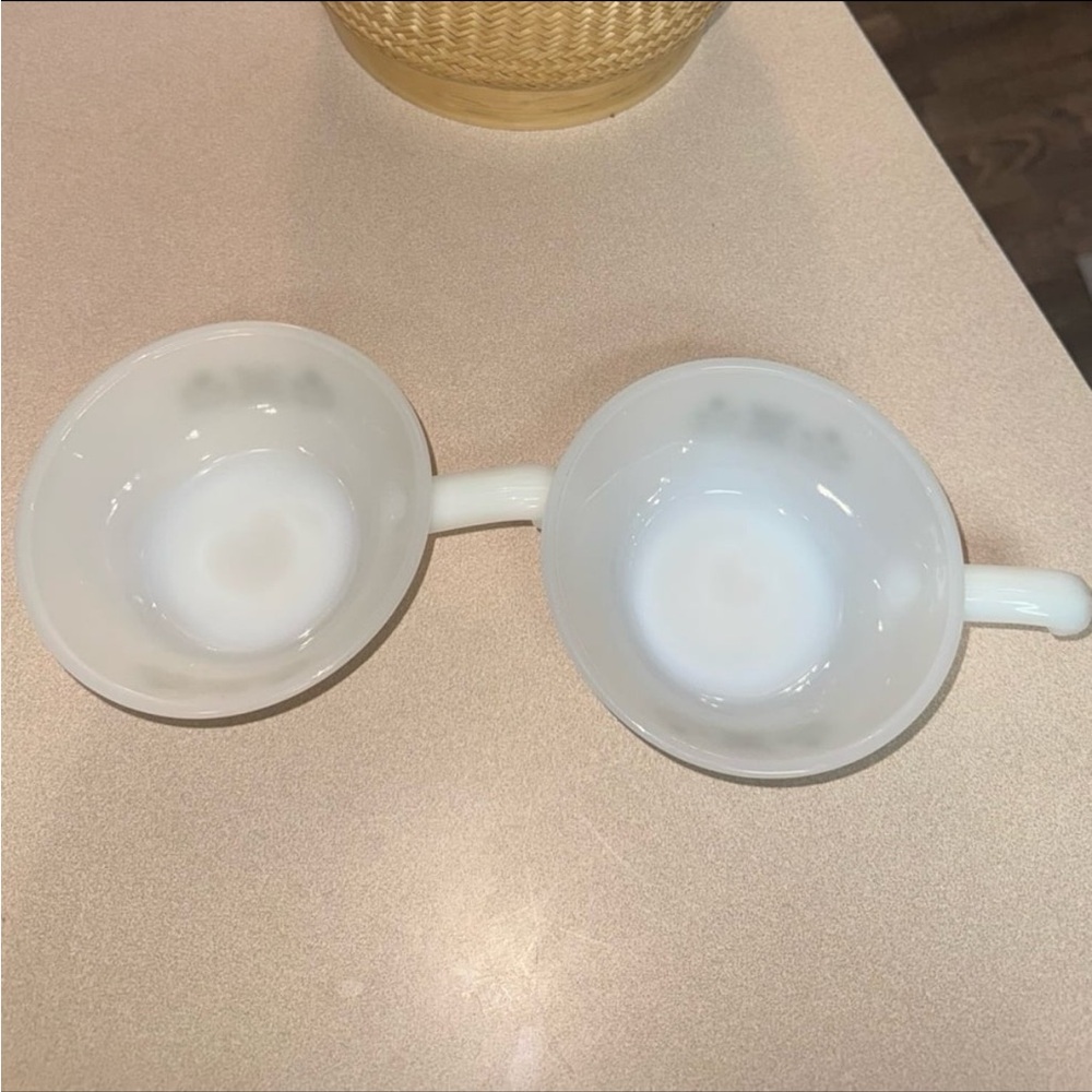 Vintage Fire King "Meadow Green" Milk Glass Handled Soup Bowls | Set of 2 - Picture 6 of 12